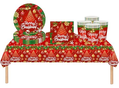 53Pcs Christmas Party Tableware Set for Table Decor,Shinny Christmas Tree 137x274cm Large Plastic Tablecloth Red Xmas Party Paper Plates Cups Napkins Dinnerware Set for Xmas Favor Tableware