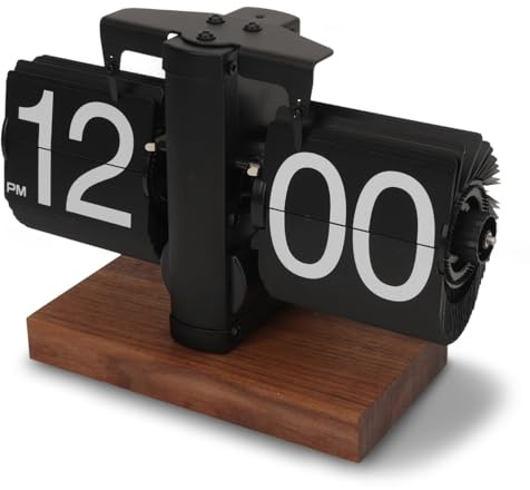 Retro Digital Flip Down Clock, Flip Desk Clock with Walnut Base for Room, Home, Office Decor
