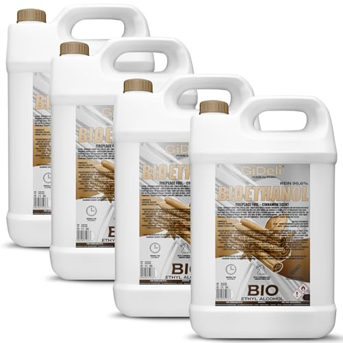 GiDeli bioethanol 4 x 5 l mit Zimtduft 96,6% Ethanol für Innen & Außenkamine Rauch und Rußfrei - Aus Mais & Zuckerrüben