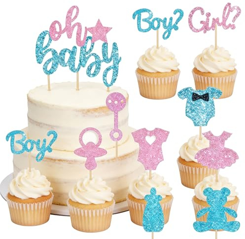 FDHBDF 19 stycken avslöjande tårtdekoration, pojke eller flicka, cupcake-topp, 1 stor + 18 små tårtpluggar, glitter babyparty dekoration för baby shower, dop, könsavslöjande fest