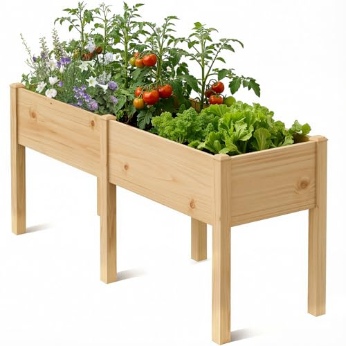 SUNYRISY Dual Hochbeet Holz für Balkon und Garten 180x60x80cm | Pflanzkasten Blumenkasten Kräuterbeet Tannenholz Pflanzbeet Blumenbeet Hochbeet-Kit für Garten Balkon Terrasse, Holzfarbe
