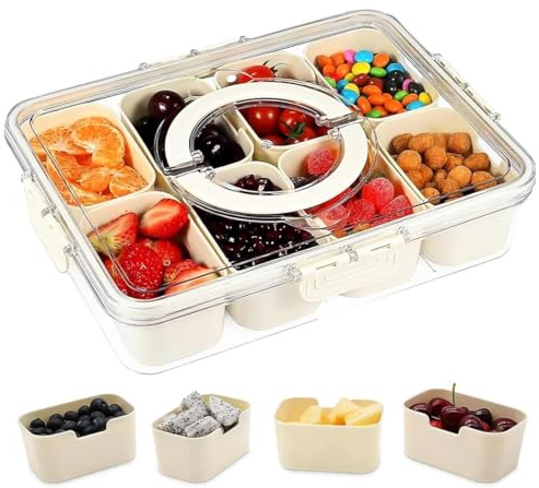 QiMan Snackslåda med 8 fack, snackstallrik av PP diskmaskinssäker, snackskål med lock och handtag, bärbar snackstallrik med fack för sötsaker frukt kex dessert grönsaker nötter