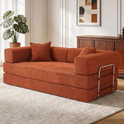 Vipbear Divano Sezionale Modulare 5 in 1, 200 cm, in Corduroy Premium, 3 Posti, Pieghevole Senza Ossa, per Spazi Piccoli, Arancione
