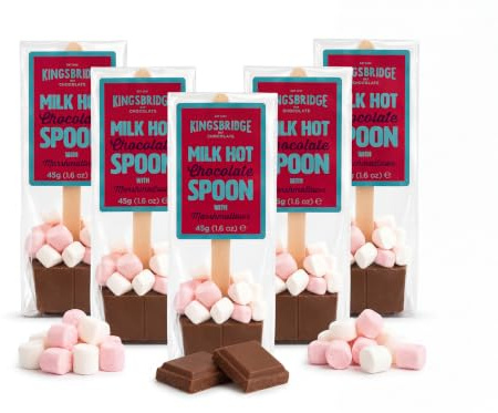 Kingsbridge Premium Hot Chocolate Spoons, 5 Pack | Belgian Milk Choc & Marshmallows, Choc Block with Wooden Stirrer, Gifts for Birthdays, Sleepovers Or Stocking Fillers