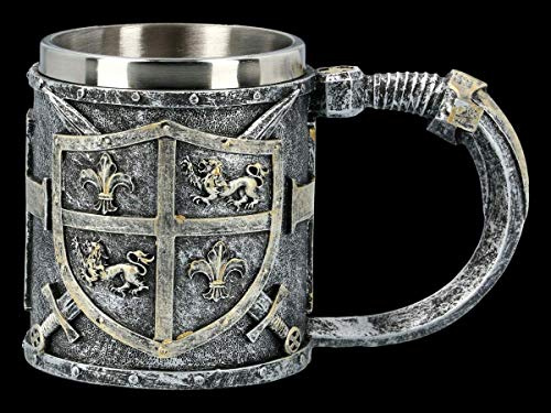 Fantasy Mittelalter Bierkrug - Löwen Wappen | Humpen, handbemalt, mit Edelstahleinsatz, H 10,5 cm