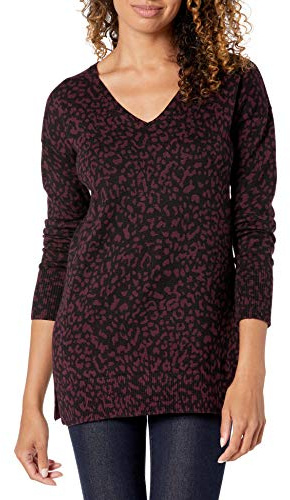 Amazon Essentials Women's Lätt långärmad V-ringad tunika tröja (finns i plusstorlek), Svart Djurtryck, XXL