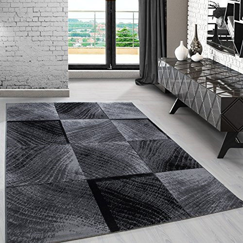 Carpetsale24 Teppich 120x170 cm Schwarz Kurzflor Abstrakt Karo Design Moderner Teppich für Wohnzimmer Schlafzimmer Flur Küche Esszimmer Kinderzimmer Pflegeleicht Weich