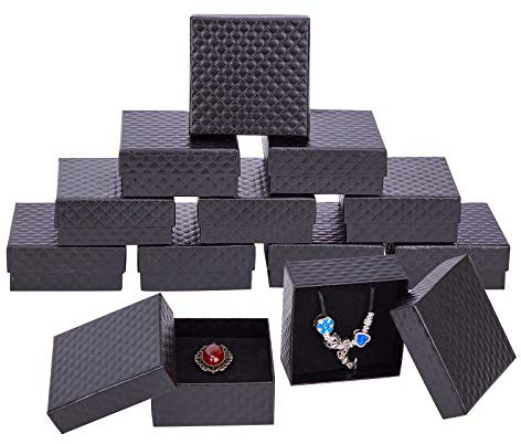 NBEADS 12 Stück Schwarz Karton Schmuckschatulle, Diamantgitter Schmuck Geschenkbox Papier Geschenkbox mit Deckel Mit Schwamm Für Halskette Ring Geschenkverpackungen, 7.5x7.5x3.5 cm