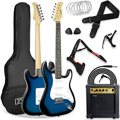 3rd Avenue Ultimat elgitarrpaket med 3rd Avenue XF-elgitarr i fullstorlek 4/4 med 10 W förstärkare, kabel, stativ, fodral, axelband, extrasträngar, plektrum, capo – blå