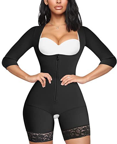MERYOSZ Entrenador de cintura de cuerpo completo para mujer con cremallera y control de abdomen Body superior Shaper de brazo abierto, corsé más delgado, Negro, XXL