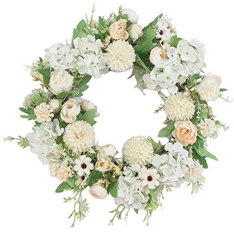 Künstliche Türkranz Deko,15.7 Zinch Weiß Hortensie und Pfingstrose Blumenkranz Dekoration Tür Blume Girlande Hängende Pflanze Ostern Dekoration Blume Vordere Türkränze Für Frühling und Sommer