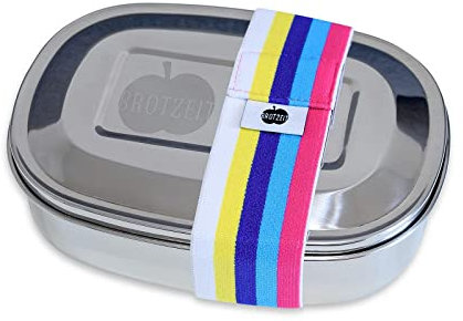 Brotzeit 16x12x4cm Edelstahl Brotdose Magic mit Gummiband nach Farbauswahl Edelstahldose Vesperdose Jausenbox Brotzeitdose (Streifen Bunt Pink Weiß)