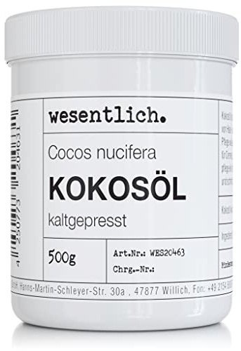 Kokosöl kaltgepresst 500g - reine Pflege für Haut und Haar - ohne Zusätze - in wiederverschließbarer Schraubdeckeldose von wesentlich.