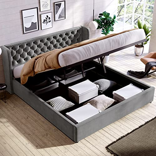 HESHU Polsterbett 180x200 cm, Doppelbett mit Hydraulisch Bettkasten, Funktionsbett mit Stauraum, Bettgestell mit Lattenrost, Jugendbett Erwachsenenbett, Samt, Grau, ohne Matratze