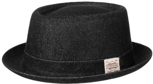 Stetson Classic Pork Pie Denim Hut Einfarbig Rund Flach Mehrfarbig Logo Made in Italy Ganzjahrig schwarz M (56-57 cm)