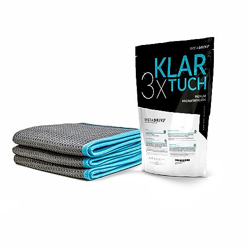 INSTADRIVE Klartuch – Mikrofasertuch Fenstertuch streifenfrei (450 GSM), 35x35 cm, 3er-Pack – Fusselfrei, hohe Saugkraft, schnelltrocknend, ideal für Fensterputzen, Spiegel & Autoscheiben