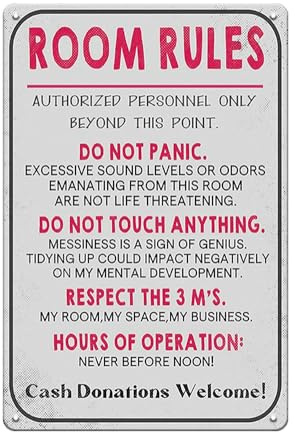 YOYI ART Room Rules Sign for Teen Girls - Funny Metal Tin Signs for Girls Boy Bedroom, Dorm, Gaming Room Door and Wall Decor Art Accessories, Cool Stuff Gift for Teen, 8 x 12 inch
