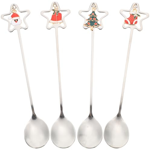DOITOOL 4-Teiliges Weihnachtslöffel-Set Silberne Weihnachtsrührlöffel Edelstahl Kaffeelöffel Dessertlöffel mit Pedant zum Rühren von Getränken zum Mischen von Marmelade (Silber)