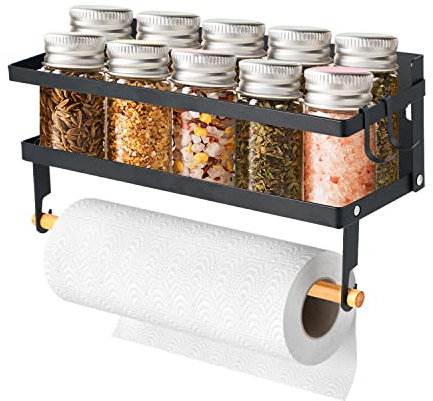 Aitmexcn Spice Rack Magnetic Shelf with Paper Towel Holder Roll, Magnetic Spice Holder, Wall Mounted Seasoning Organizer