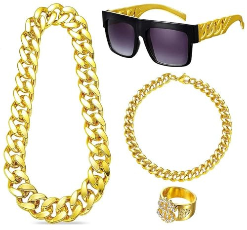 Zuhälter Kostüm 80er Jahre Kostüm Goldene Dollar Kette & Gold-Armband Ring | Dollar Ring Hip Hop Kostüm Kit 80s/90s Rapper Accessories, Hiphop Punk Gold Kette, für Faschingszubehör Mottopartys Cosplay
