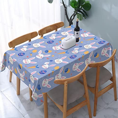 Osterhasen-Ei-Rechteck-Tischdecke 54 x 72 Zoll Blau Frühlingsferien Karotte Kaninchen Waschbare Falten-Tischdecke Auslaufsicheres Polyester-Fleckenbeständige Tischdecke Indoor Outdoor