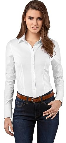 Vincenzo Boretti Camisa de Mujer Elegante y clásica, Ajustada Entallado (Slim-fit), Mezcla de algodón, Ligeramente elástica, Manga-Larga, Cuello Kent, Lisa - fácil de Planchar Blanco 40