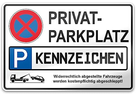 PrintPlanet® Parkschild mit eigenem Text personalisieren - Alu-Dibond 3 mm Weiß - Verschiedene Größen - Privatparkplatz + Kennzeichen