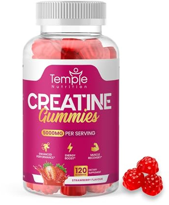 New Creatine Monohydrate Gummies 5000mg for Men & Women - 120 Chewable Creatine Gummies (1 Months Supply) - Strawberry Flavoured Creatine, Pre Workout Gym Supplement, Suitable for Vegans
