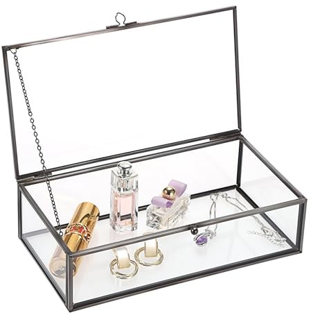 TOLIDA Large Vintage Glass Lidded Box - Rectangle Jewelry Display for Rings, Bracelets, Necklaces - Tabletop Storage (Black)