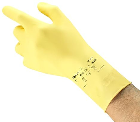 Ansell AlphaTec 87-086 Multipurpose Latex Gloves with Long Cuff, Chemical Protection and Food Safety, Reusable Kitchen Gloves, Household Cleaning and Dishwashing, Yellow, Size L (12 Pairs)