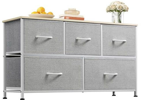 WLIVE Kommode mit Schubladen, komode Schlafzimmer mit 5 Stoffschubladen | Kommoden & Sideboards mit Stabiler Stahlrahmen, TV-Möbel mit Holzplatte, Einfach zu Montieren, Hellgrau