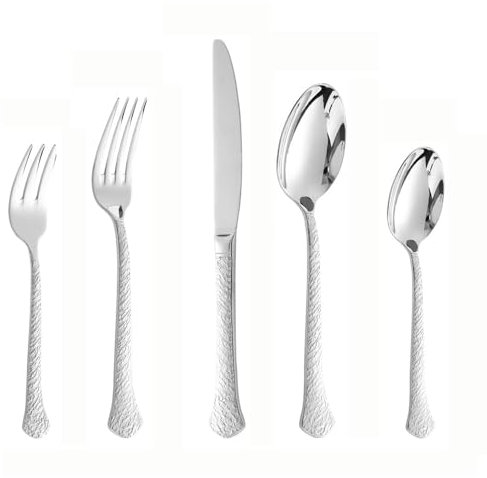 Leichtes Luxus Hammer Muster Griff Küche Edelstahl Besteck Geschirr Besteck Set Steak Messer Gabel Löffel Teelöffel (Silber,5 Stück)