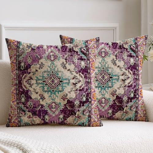 Vorysum 2er Set Kissenbezug 40x40 cm Boho Lila Dekokissen Vintage Kissenbezüge Abstrakte Kissenhülle Kunst Sofakissen Modern Zierkissenbezüge für Garten Sofa Bett Dekorative Kissenhüllen