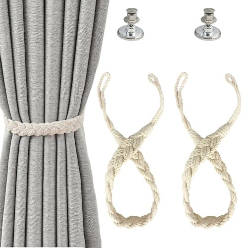 HAYGEM 2 Stück Raffhalter für Vorhänge, Handgestrickte Baumwollseil Vorhang Raffhalter, Moderne und Minimalistische Gardinenhalter mit Zwei Spange, zum Binden und Dekorieren von Gardinen
