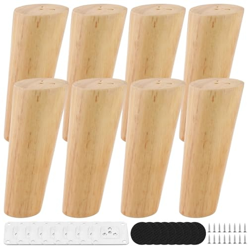 8 Stück Möbelfüße, 12cm Schräg eiche Schrankfüße Tischbeine Holz Rund Möbelbeine Holzfüße , Kommodenfüße mit Montageplatten und Schrauben Schrankfüsse Holzfüße für Bett , TV, Schrank, Sofa Und Tisc