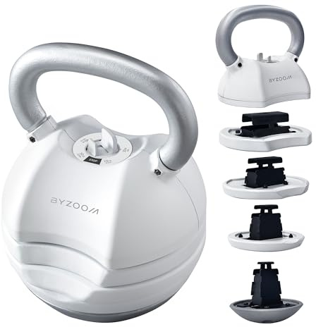 BYZOOM FITNESS Verstellbare Kettlebell 13,6KG, 5-in-1 Kompakte Gewichtseinheit für Home Fitness, Krafttraining und Ganzkörper Workouts Ideal für Anfänger und alle Altersgruppen Männer & Frauen, White