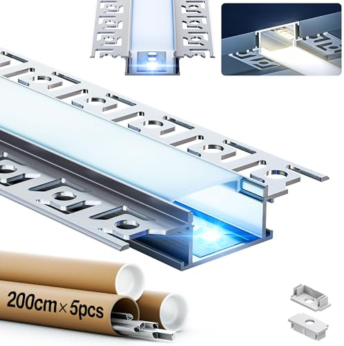 GEEKLUX 5 x LED Alu Profil für LED Streifen 2 m (Gesamt 10 m), Led Schiene für Trockenbau, Für Stripes bis 20 mm Breite oder Zwei LED Stripes, Mit Diffusor aus Halbtransparentem PC - 64,2 x 13,8 mm
