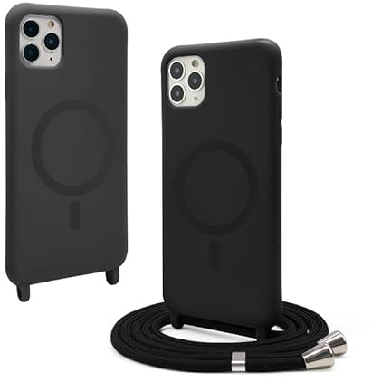 CUZZCASE Silikon Schutzhülle kompatibel mit iPhone 11 Pro Max(6.5),Kabellosem Laden,Silikon Stylische Verstellbarer Halskette Handyhülle-Schwarz