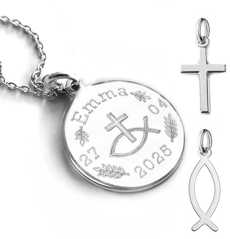 LATIGGA Christliche Kette mit Gravur, Kreuz oder Fisch Anhänger, Silber