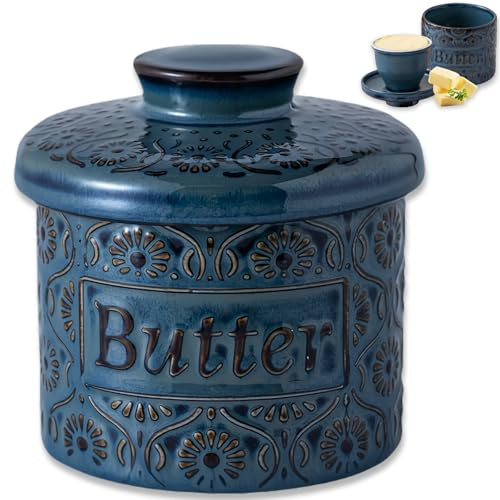 Butterglocke Keramik,Französische Butterdose Mit Wasserkühlung 150g,Butterdosen Mit Deckelf,Buttertopf Für Frische Und Streichfähige Butter,ButterdoseWasser (blau, 6.7oz)