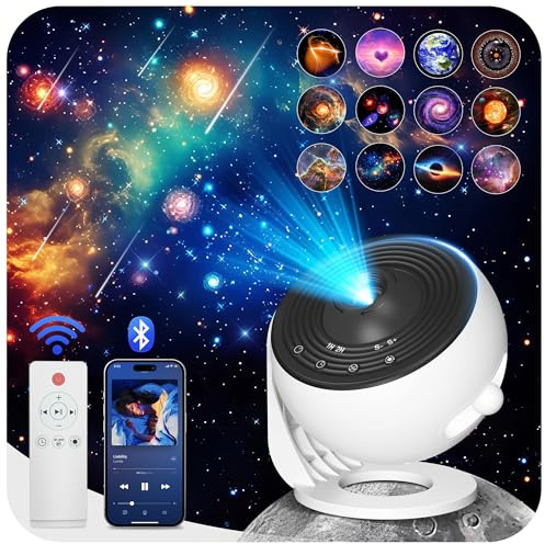 Proiettore di luce per camera da letto, Bluetooth 15 White Noise Star Proiettore Luce notturna per bambini Film Disc, Proiettori Planetario 12 in 1 HD Immagine Regolabile Manopola Rotante a 360° Timer