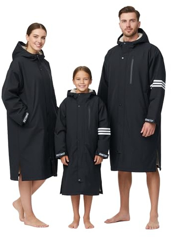 Owntop Wasserdichter Wickelmantel für Erwachsene - Winddicht Übergroßer Kapuzenjacke mit Sherpa-Fleece-Futter | Reflexstreifen | Changing Robe Wärmemantel für Schwimmen Strand Surfen (Schwarz,S)