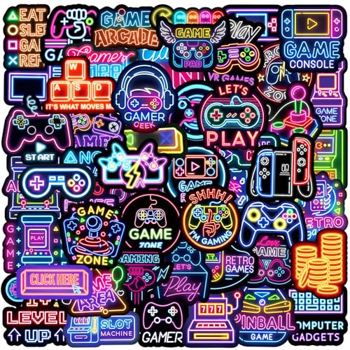 50 Pcs Neon Gamepad Stickers Waterproof Cartoon Trendy Gamer Controller Sticker for Laptop Skateboard Water Bottle Computer Car Bike Guitar,Vinyl Cool Funny Joystick Decals for Kids Teens Adults