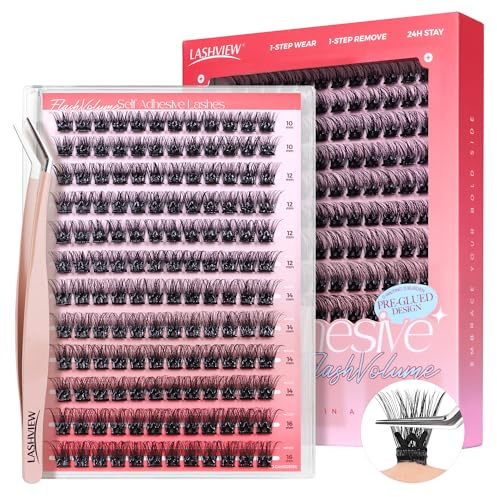 LASHVIEW Selbstklebende Wimpernbüschel, Aufklebe-Wimpern mit Wimpernpinzette, kein Kleber erforderlich, natürliches selbstklebendes DIY-Wimpernverlängerungsset, 144 Stück (Z02), 10-16 mm