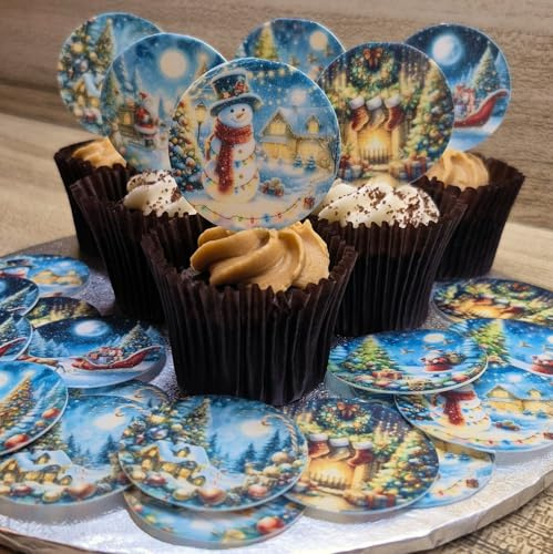 Anglesit Pre-Cut Traditional Christmas Scenery Edible Rice Wafer Paper Cupcake Toppers Cake Decorations Wedding Party Xmas Cake Toppers Birthday Cupcake Decoration Party Supplies Celebration (Style 7)