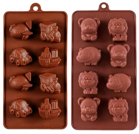 4 moldes para tartas de silicona con forma de animales y transporte de tráfico, 8 cavidades para pasteles, chocolate, postres, jabones hechos a mano, moldes de gelatina, dulces, magdalenas, moldes de