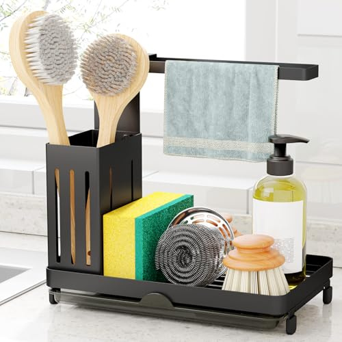 Kitsure Spülbecken Organizer - rostbeständiger Schwammhalter Spülbecken mit Handtuchstange, herausziehbare Tropfschale, platzsparender Spüle Organizer, 21,2cm x 13,6cm x 18cm, schwarz