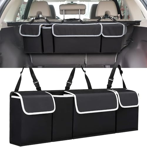 Car trunk organizer bag - storage accessory with adjustable straps, multiple pockets - suitable for cars, sedans, station wagons, SUVs, 4WD vehicles, foldable cargo net, rear seat cover, gadgets.
