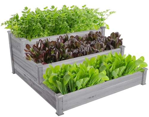 Yaheetech 3 Stufiges Hochbeet Holz Balkon Garten Kräuterbeet Frühbeet Gartenbeet Pflanzenbeet Stufenbeet Blumentreppe stapelbar 120 x 120 x 56cm Grau