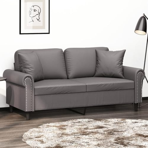 QUAHEAS 2-Sitzer-Sofa, 140 cm breit, Grau Kunstleder, Modernes Design, Inklusive Zierkissen, Robustes Metallgestell für Wohnzimmer Möbel